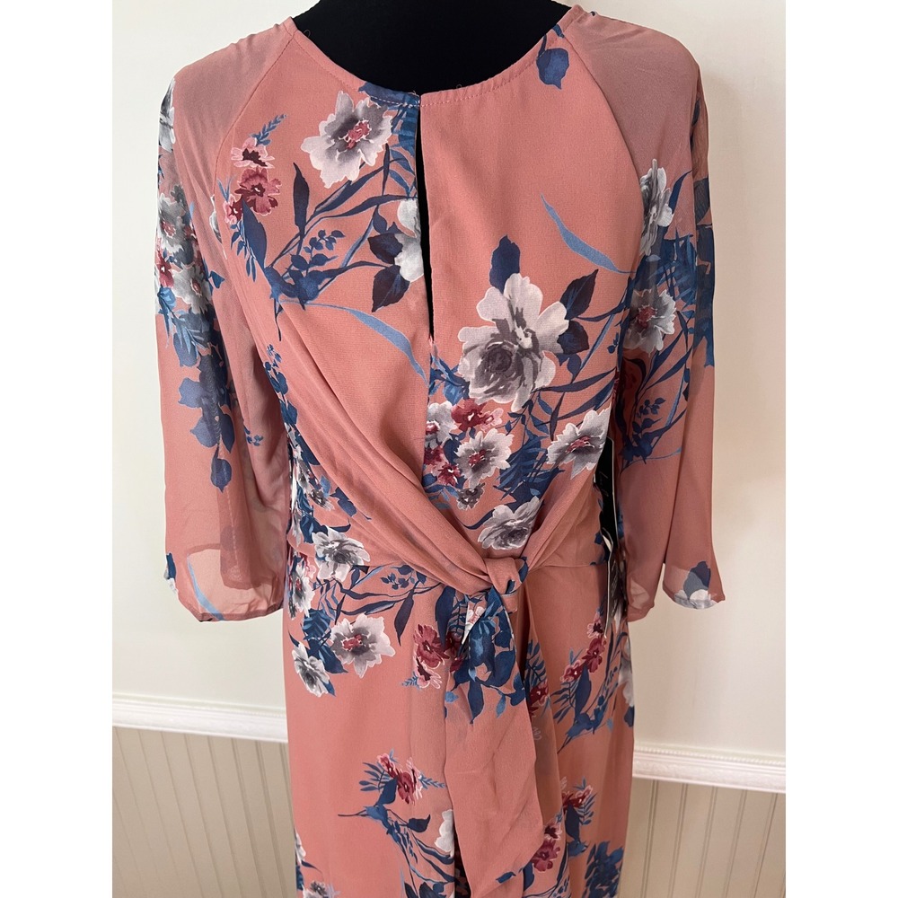 Lulus Dusty Rose Floral Faux Wrap Midi Dress Tie Front Keyhole Small NEW - Picture 3 of 12